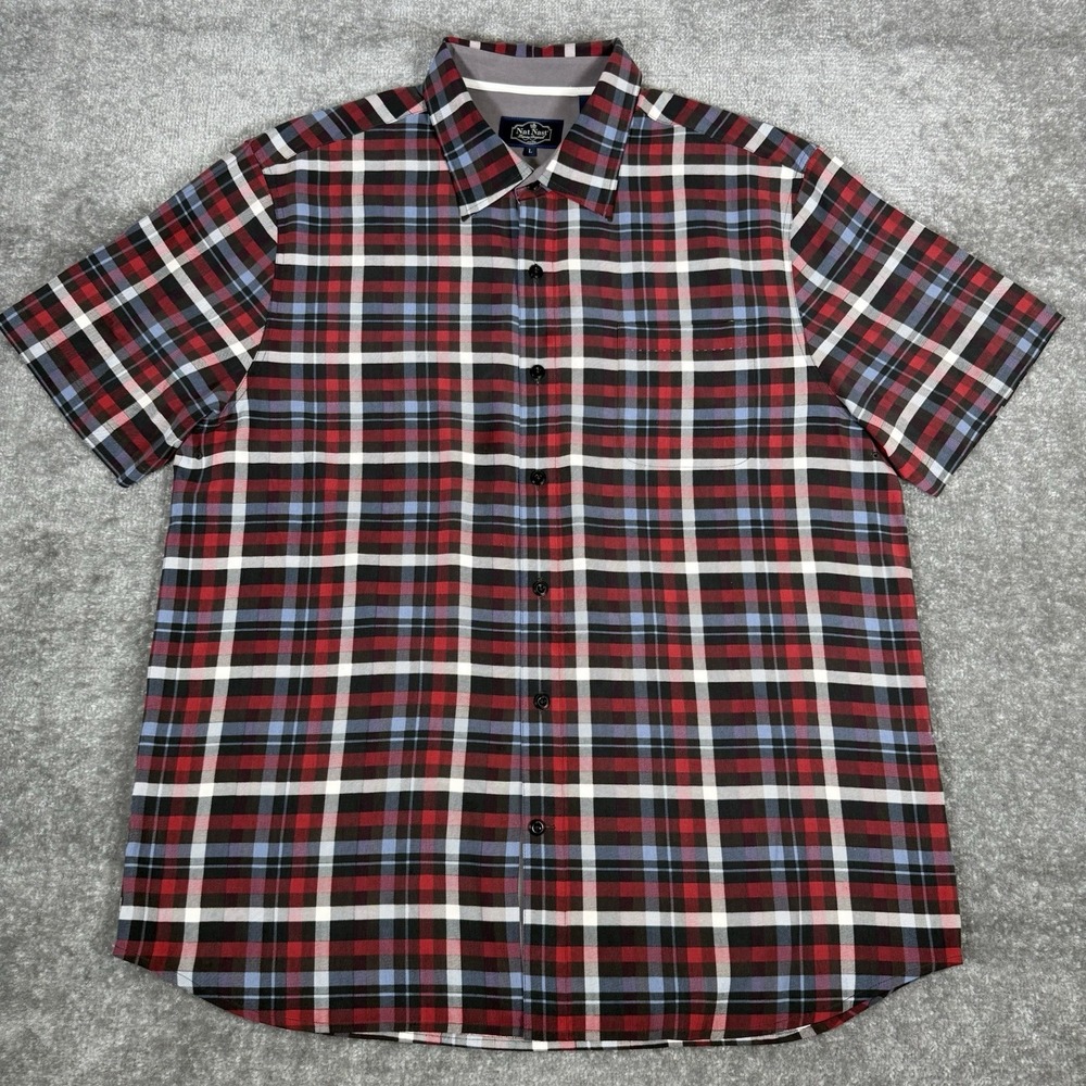 Nat Nast Shirt Men's Large Red Plaid Silk Short Sleeve Button‎ Up